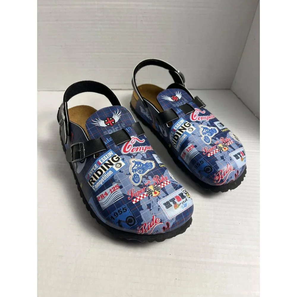 Birkis Original Kay Racing Motorbikes Slip-On Clogs Mens Size 9 Blue/Black